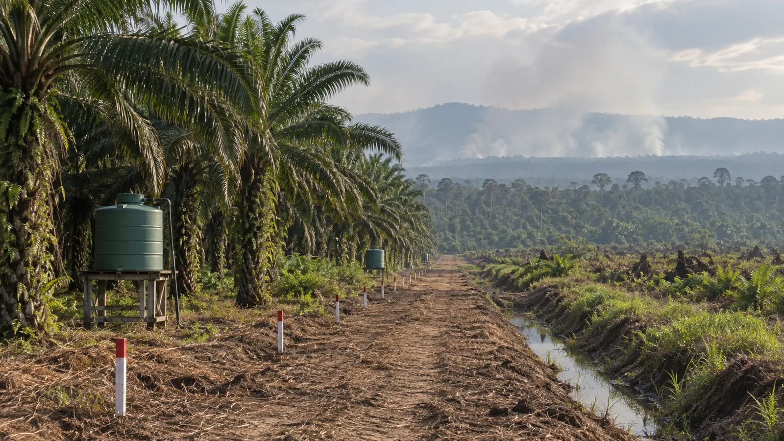 Area kebun sawit kering dengan asap karhutla tipis, sekat bakar, dan sarana pemantauan.