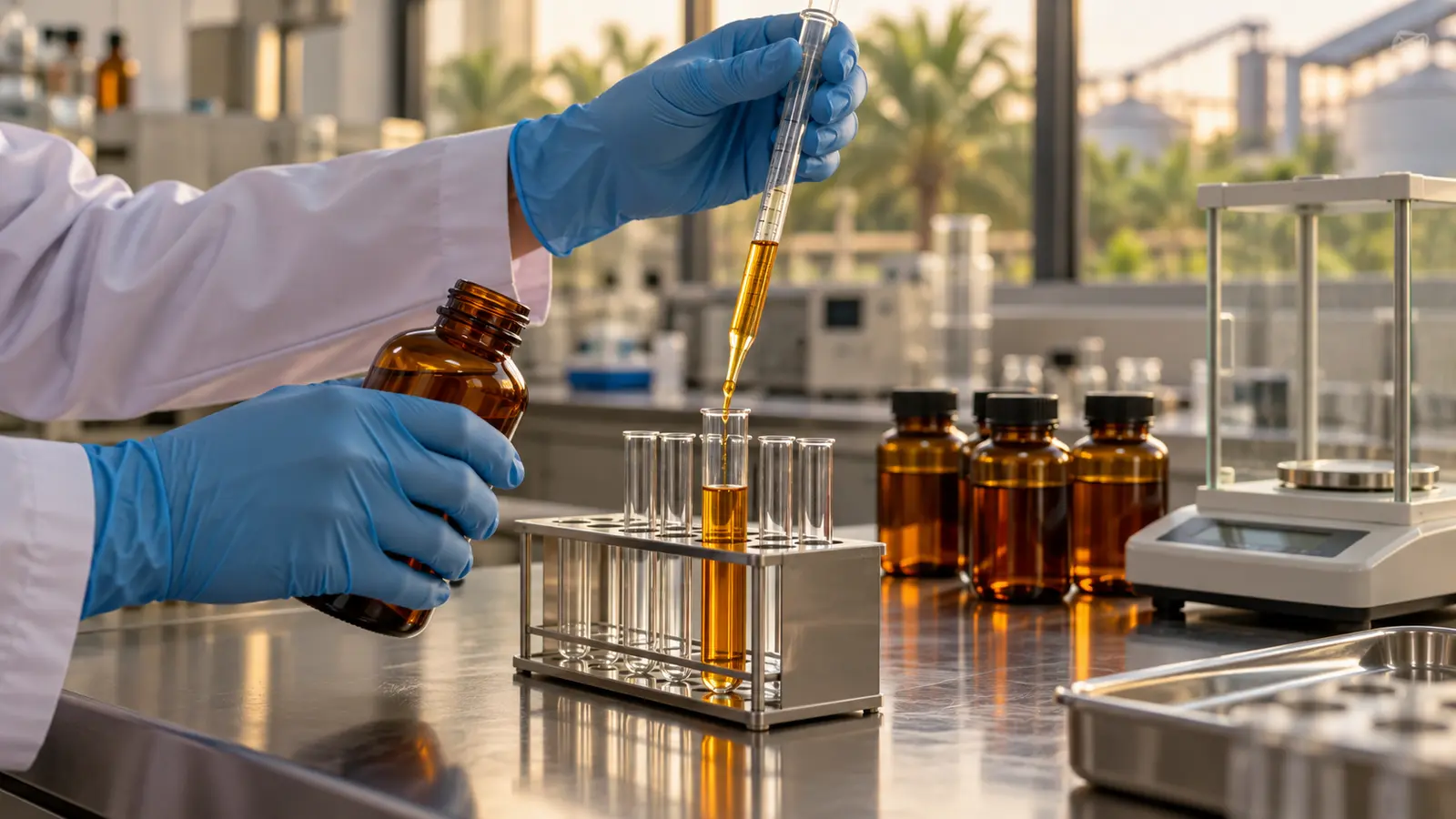 Tangan petugas laboratorium memindahkan sampel minyak berwarna amber dengan pipet ke tabung uji di meja laboratorium.