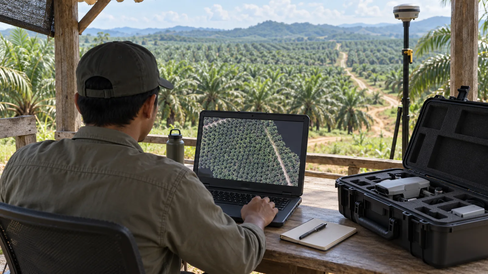 Analis geospasial meninjau peta kebun sawit dari hasil pemetaan udara di laptop lapangan