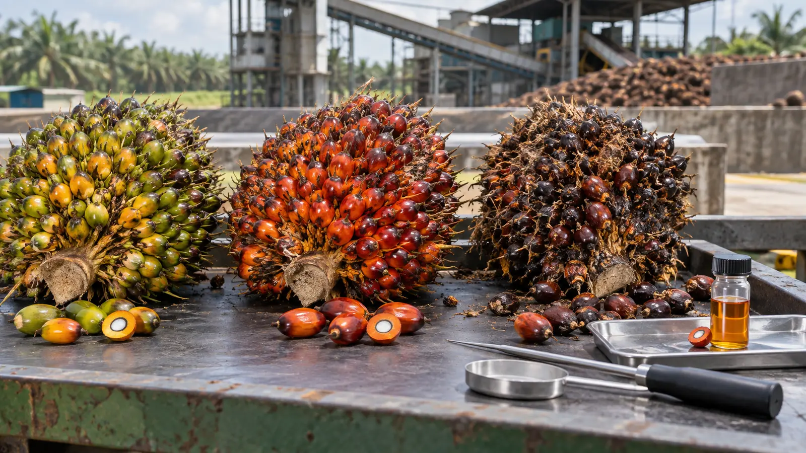 Tiga tandan buah sawit pada tingkat mentah, matang optimal, dan terlalu matang di area penilaian mutu pabrik.