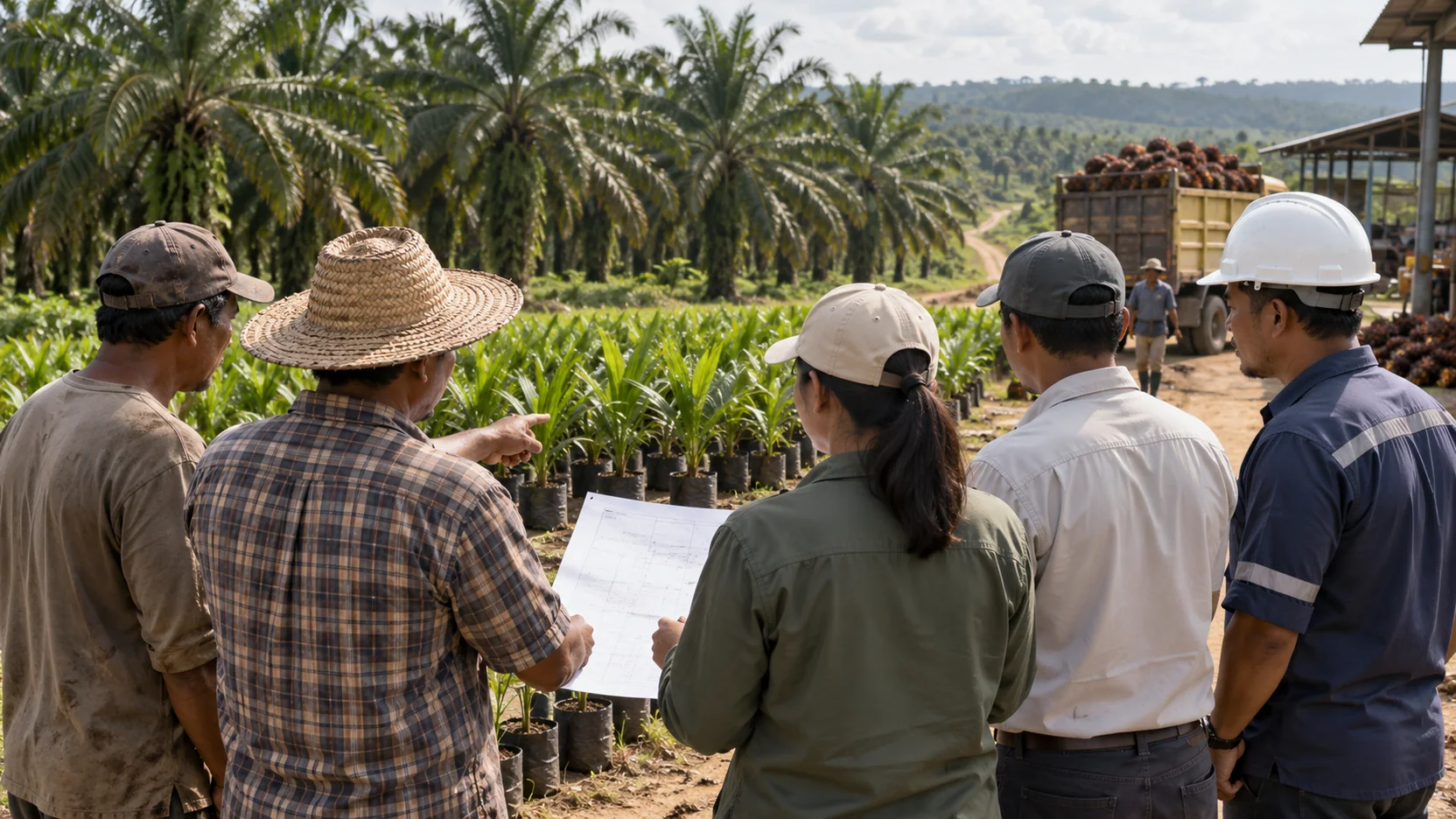 Petani dan pendamping teknis meninjau bibit sawit serta rencana pengelolaan kebun.