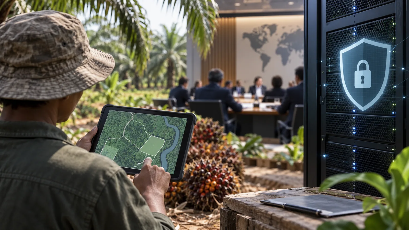 Petani memeriksa peta kebun digital dengan sistem perlindungan data dan pertemuan kebijakan di latar belakang.