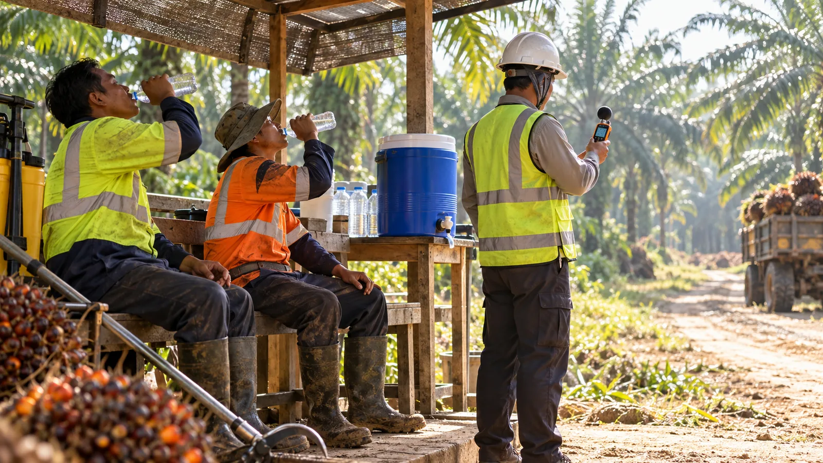 Pekerja kebun sawit beristirahat dan minum air di bawah naungan saat petugas memantau kondisi panas kerja.