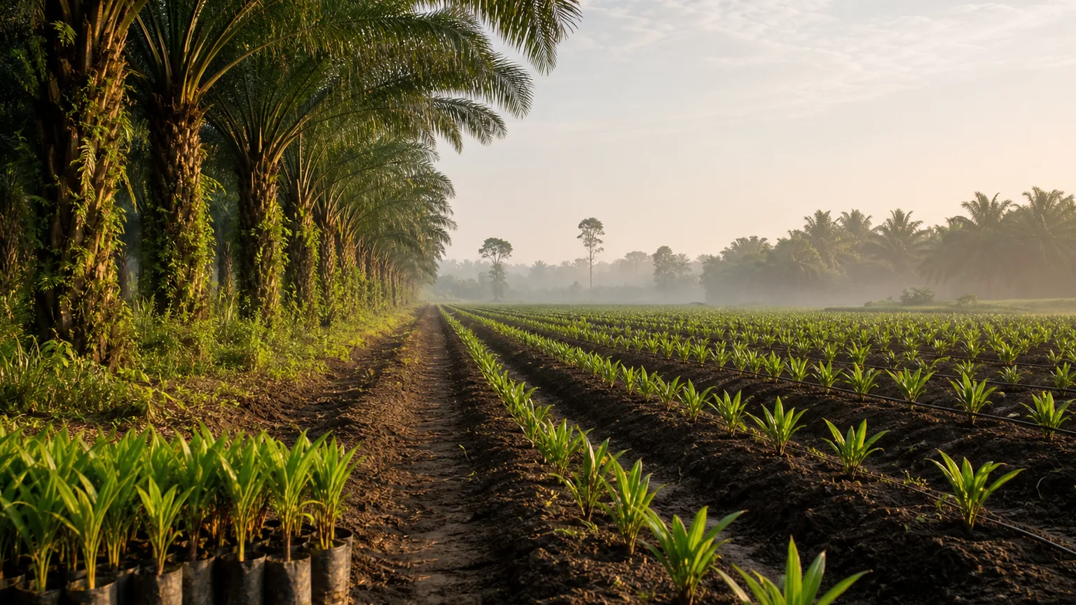 Bibit kelapa sawit muda tersusun di lahan peremajaan di antara tanaman sawit dewasa