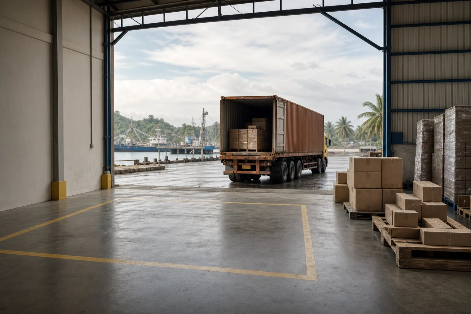 Area penyimpanan gudang regional yang kosong dengan truk logistik datang dari pelabuhan