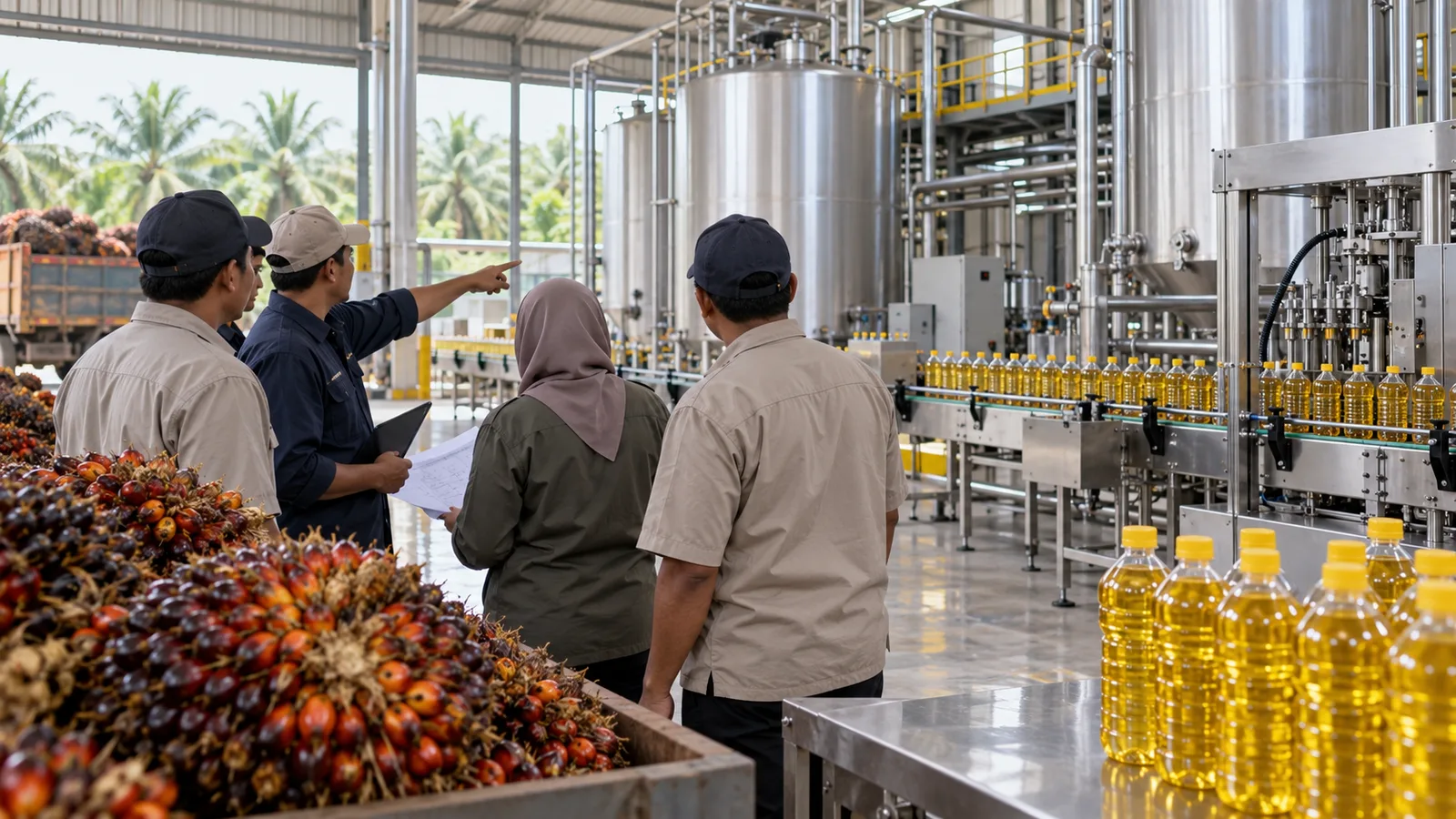 Anggota koperasi meninjau fasilitas pengolahan dan pengemasan minyak goreng berbahan baku sawit.