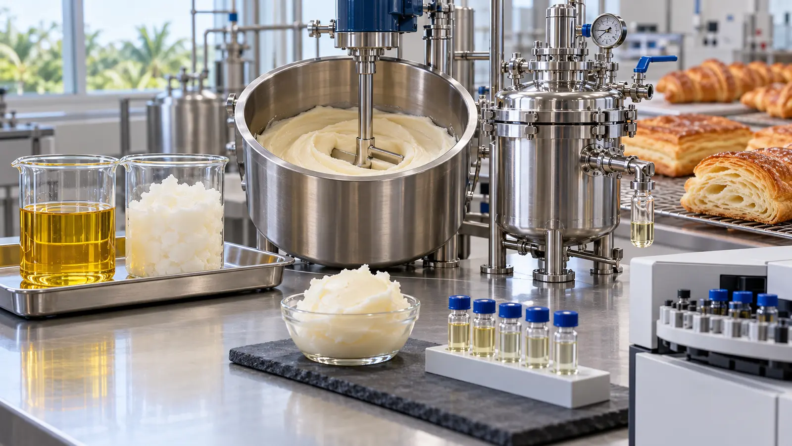 Laboratorium formulasi lemak plastis sawit dengan fraksi olein dan stearin, pencampuran, reaktor interesterifikasi, dan vial analisis asam lemak