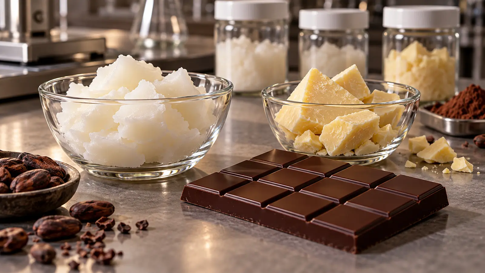 Batang cokelat tanpa merek berdampingan dengan mangkuk bahan lemak pucat dan biji kakao di meja formulasi pangan.