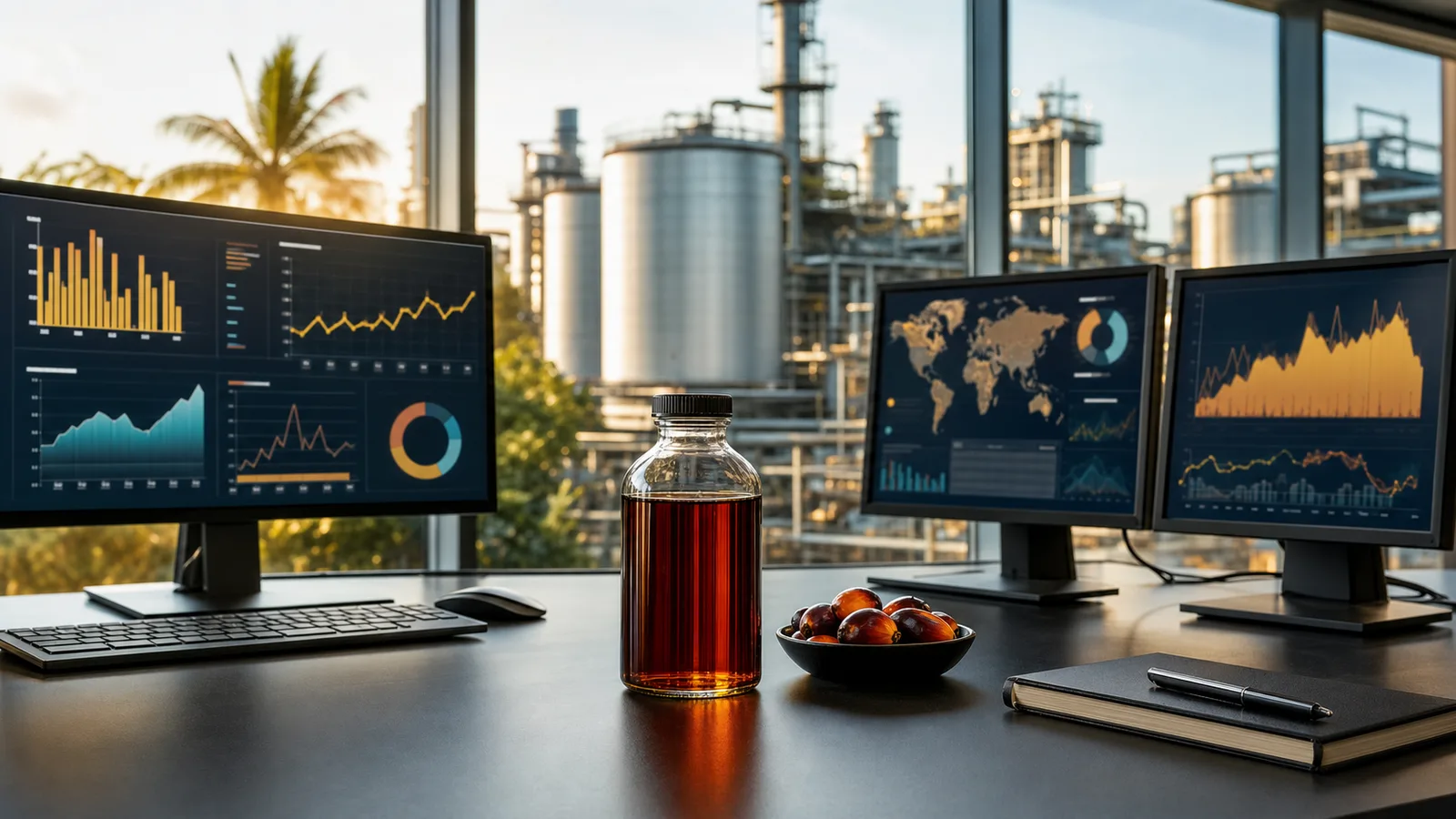 Sampel CPO di meja analitik dengan grafik komoditas dan fasilitas refinery di latar belakang