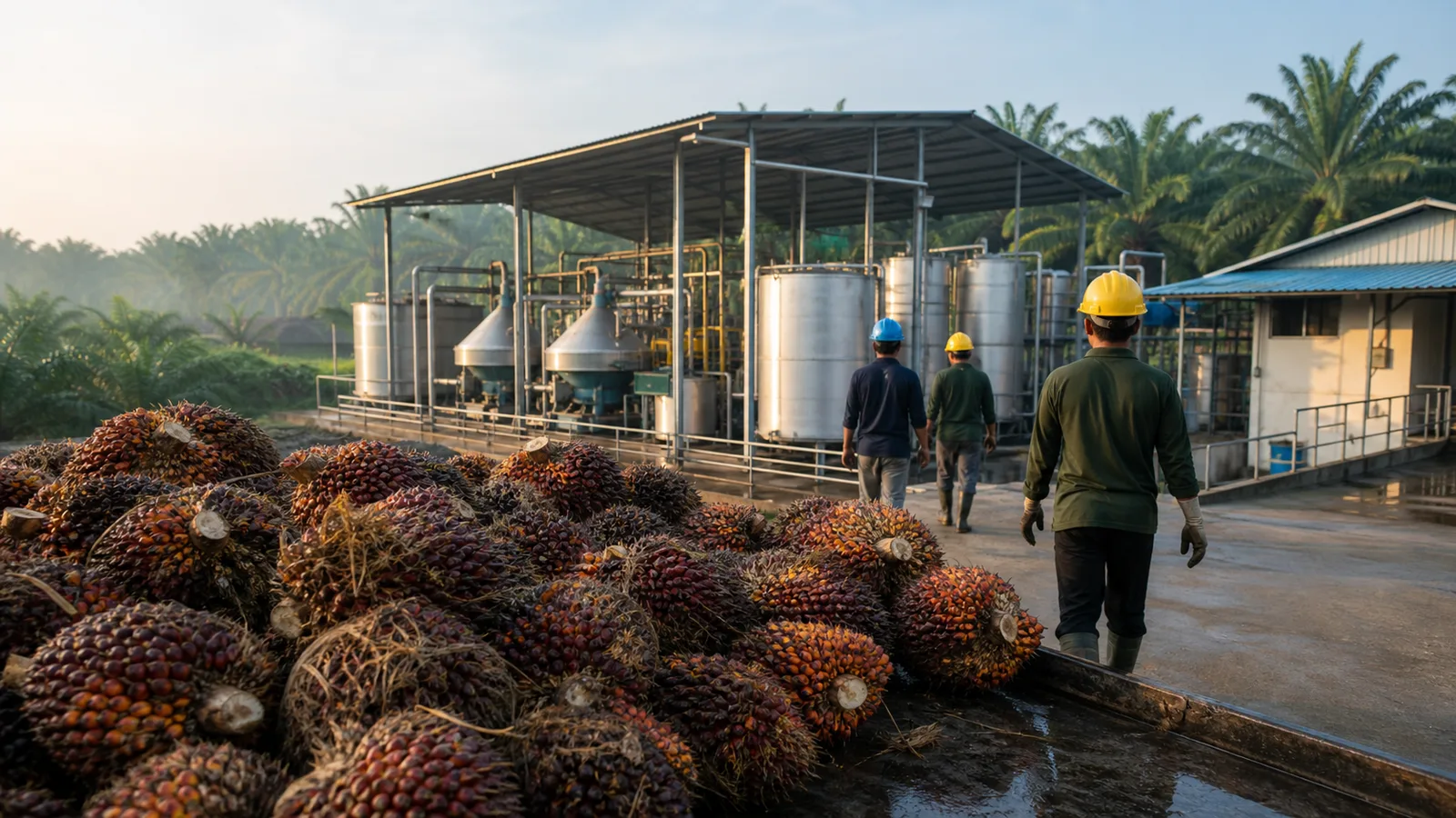 Tandan buah segar di depan fasilitas pengolahan sawit yang dikelola koperasi