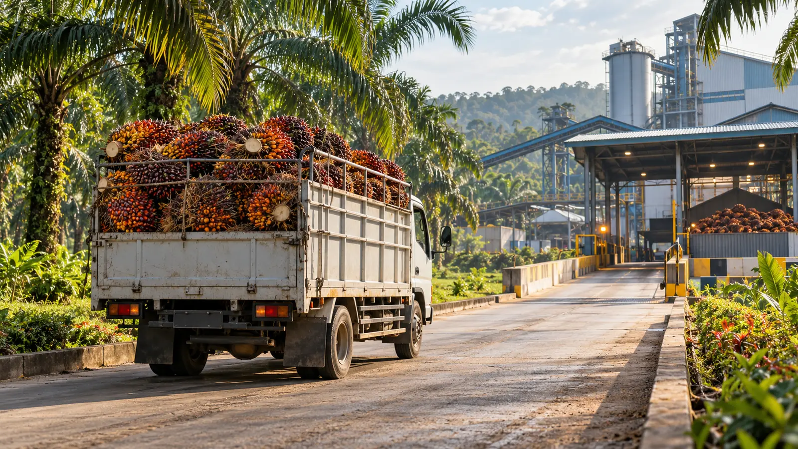 Truk bak terbuka putih mengangkut tumpukan tandan buah sawit merah-oranye menuju pabrik pengolahan di perkebunan kelapa sawit.