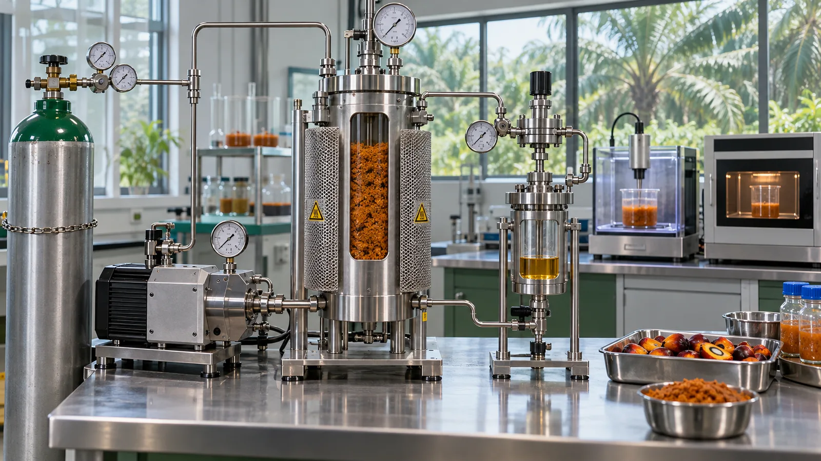 Rangkaian ekstraksi CO2 superkritis dan peralatan praperlakuan hijau di laboratorium pengolahan sawit.