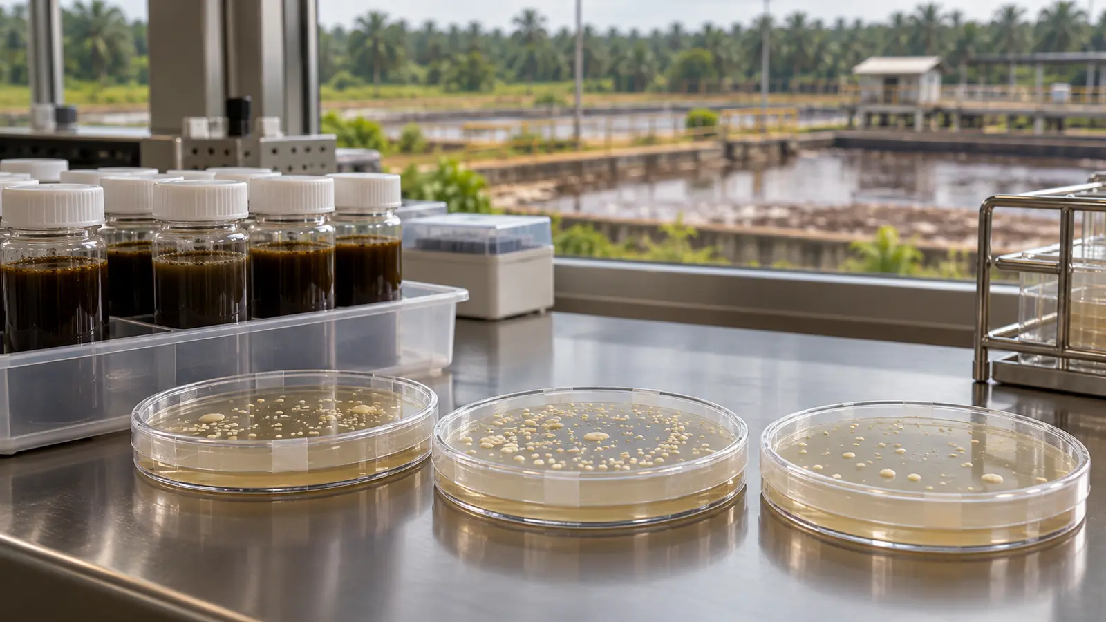 Cawan kultur tertutup dan botol sampel cairan berwarna gelap tersusun di meja laboratorium.