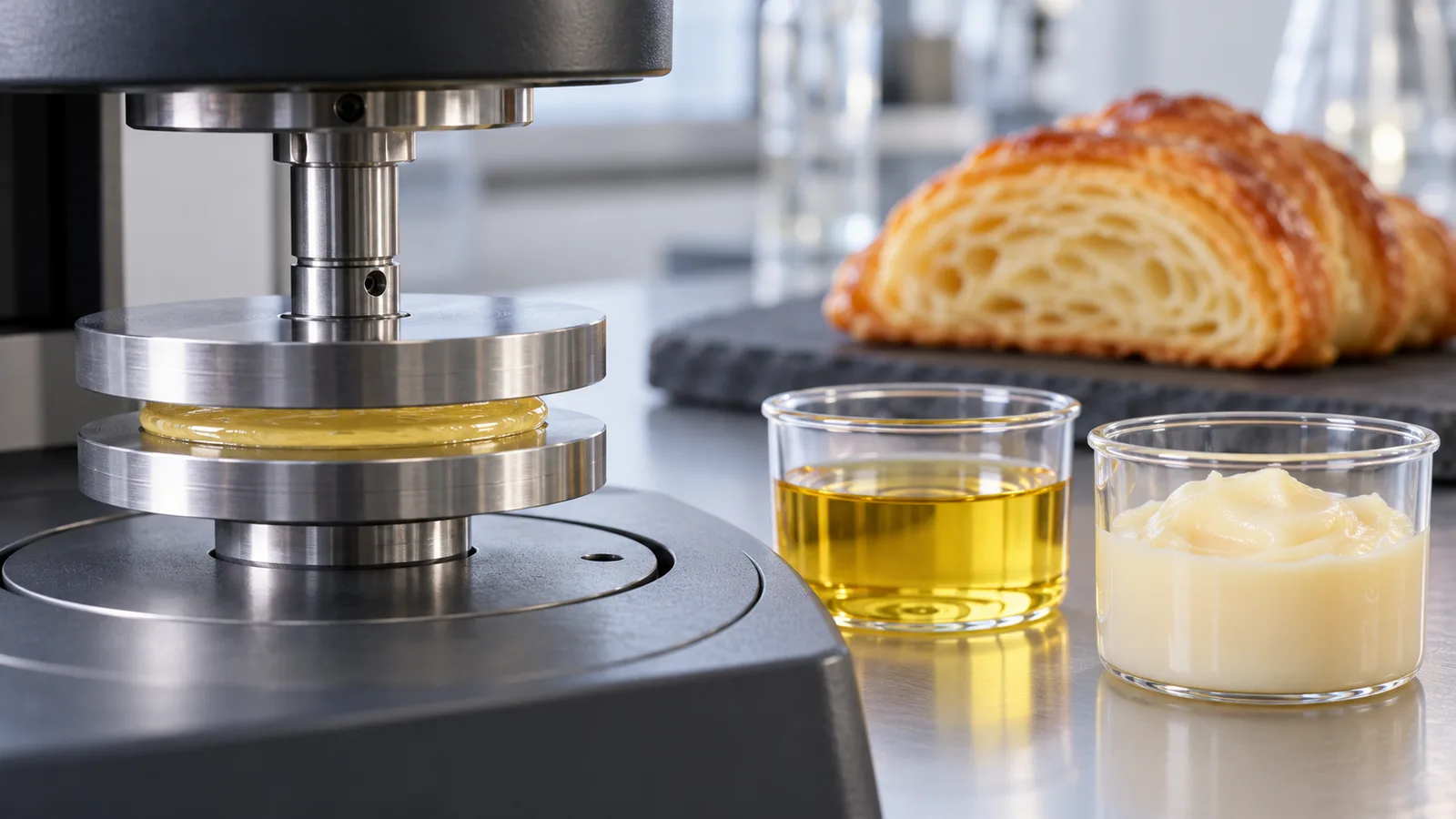 Sampel oleogel sawit diuji di antara pelat rheometer bersama minyak cair dan lemak semipadat untuk aplikasi pangan