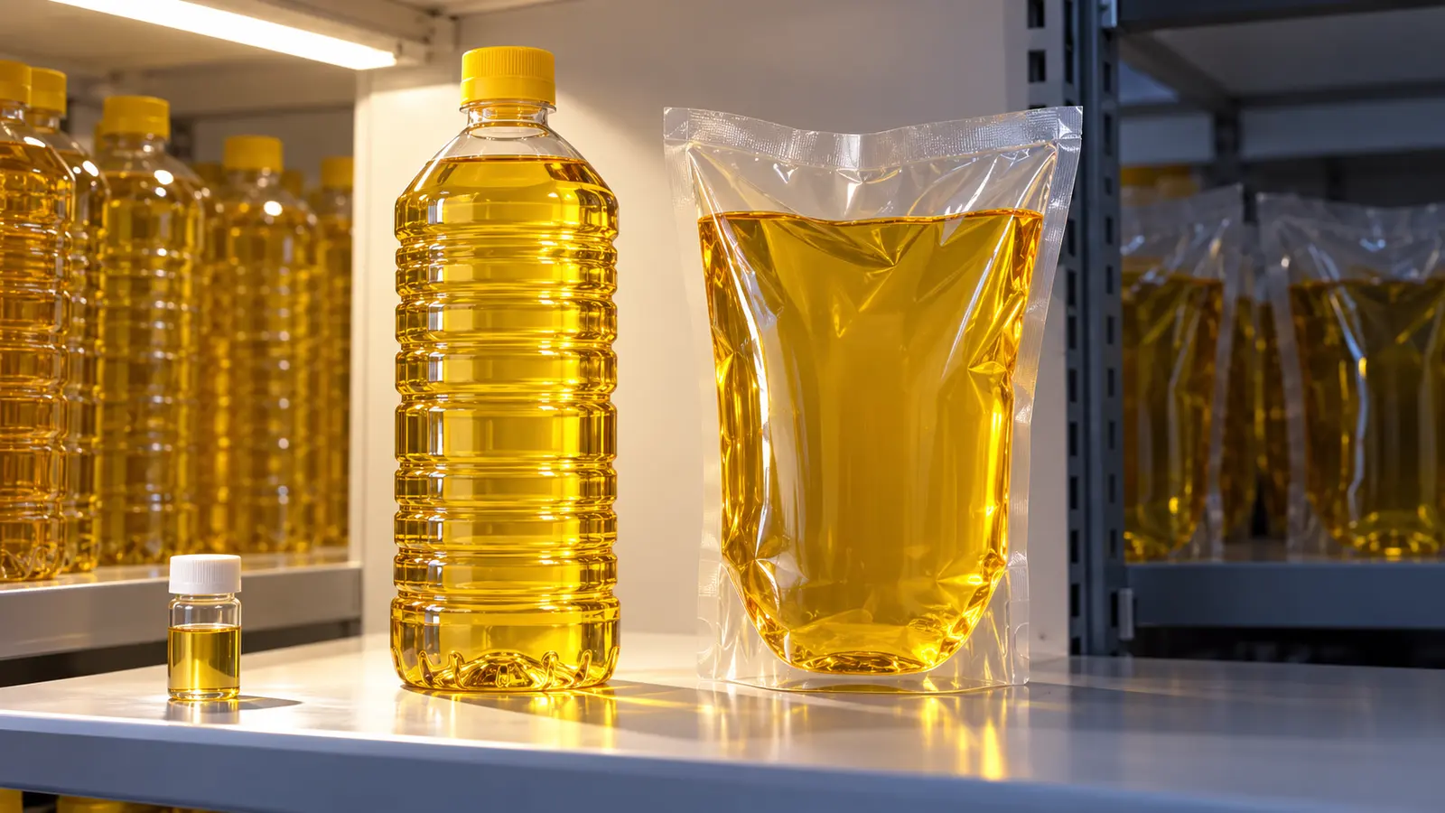 Botol dan kantong minyak goreng tertata di etalase toko dengan cahaya mengenai kemasan