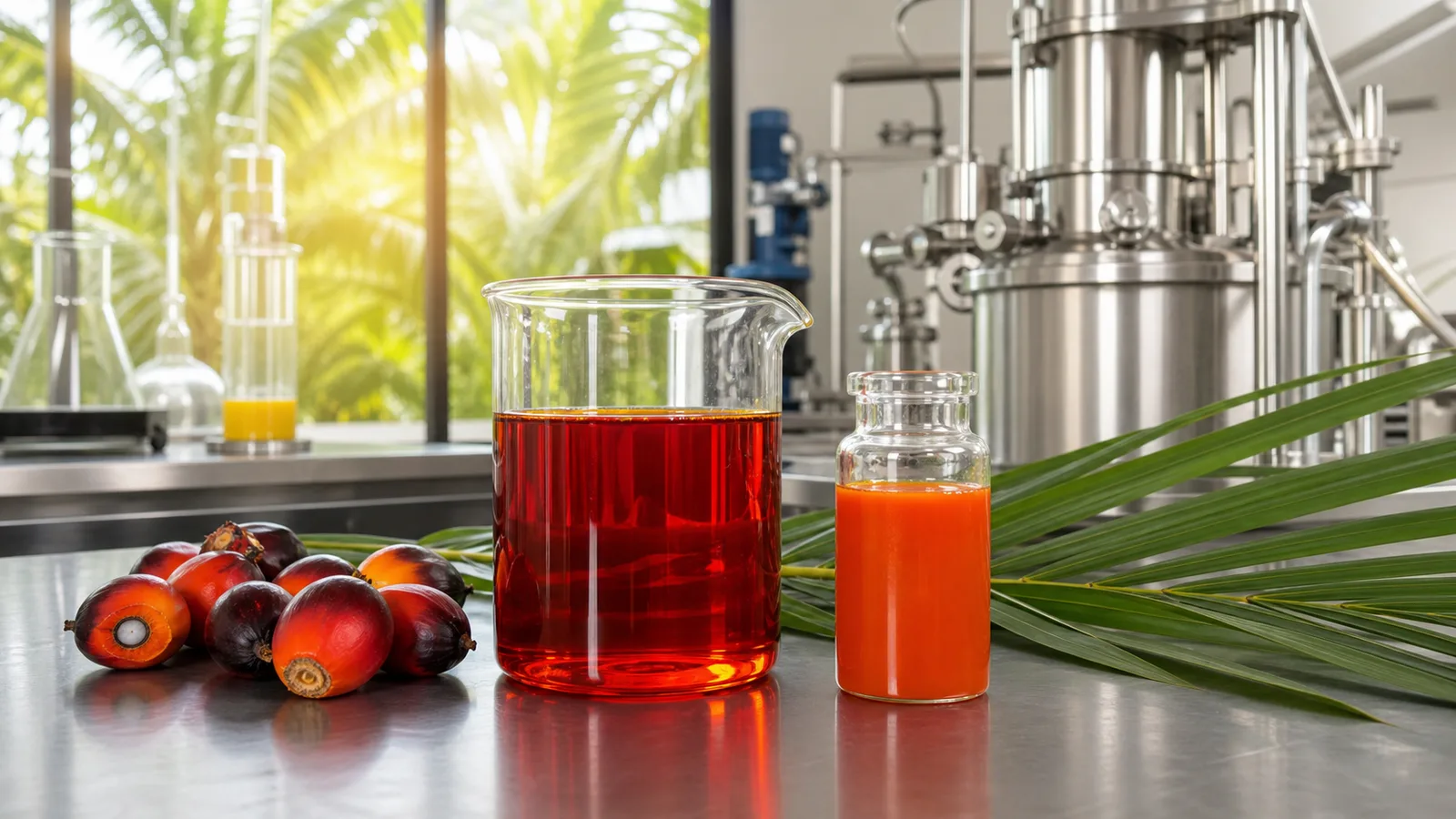 Minyak sawit merah dan emulsi nutrisi di meja laboratorium pengolahan pangan