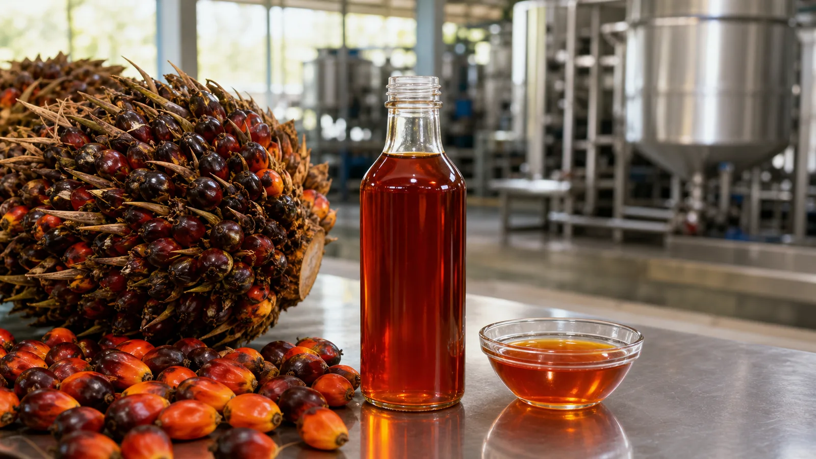 Botol dan mangkuk berisi minyak sawit merah di samping tandan buah sawit dalam fasilitas pengolahan pangan