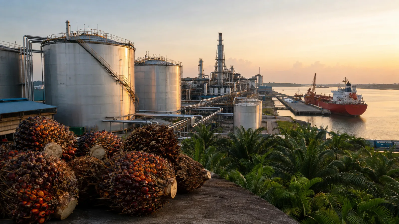 Fasilitas refinery minyak sawit dan terminal ekspor dengan tandan buah sawit di depan