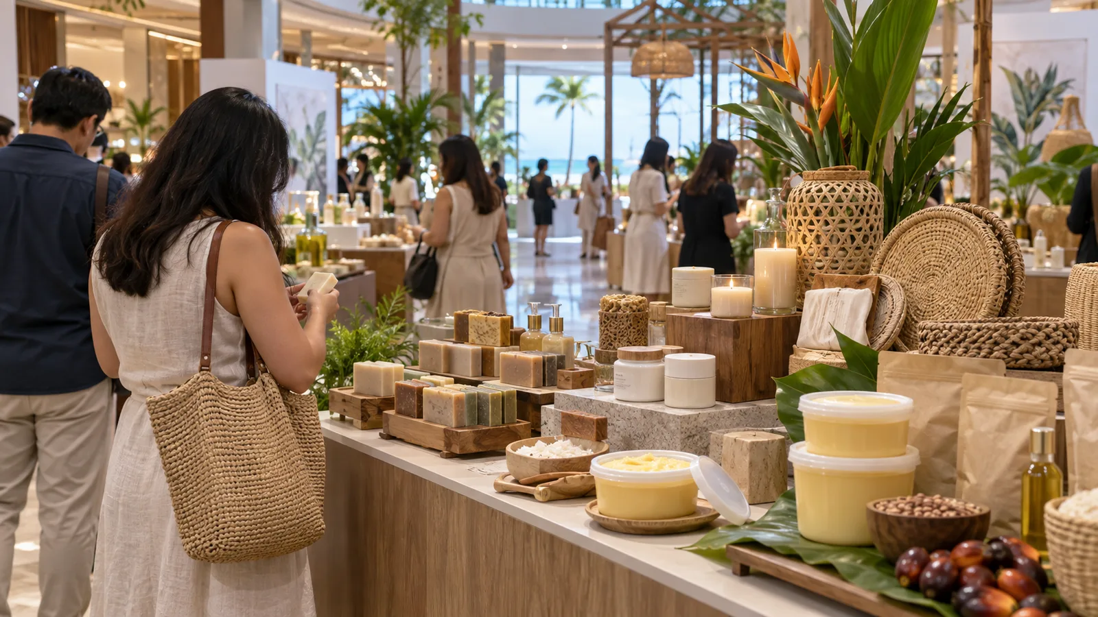 Pengunjung melihat sabun, kosmetik, margarin, dan kerajinan di stan produk turunan sawit.
