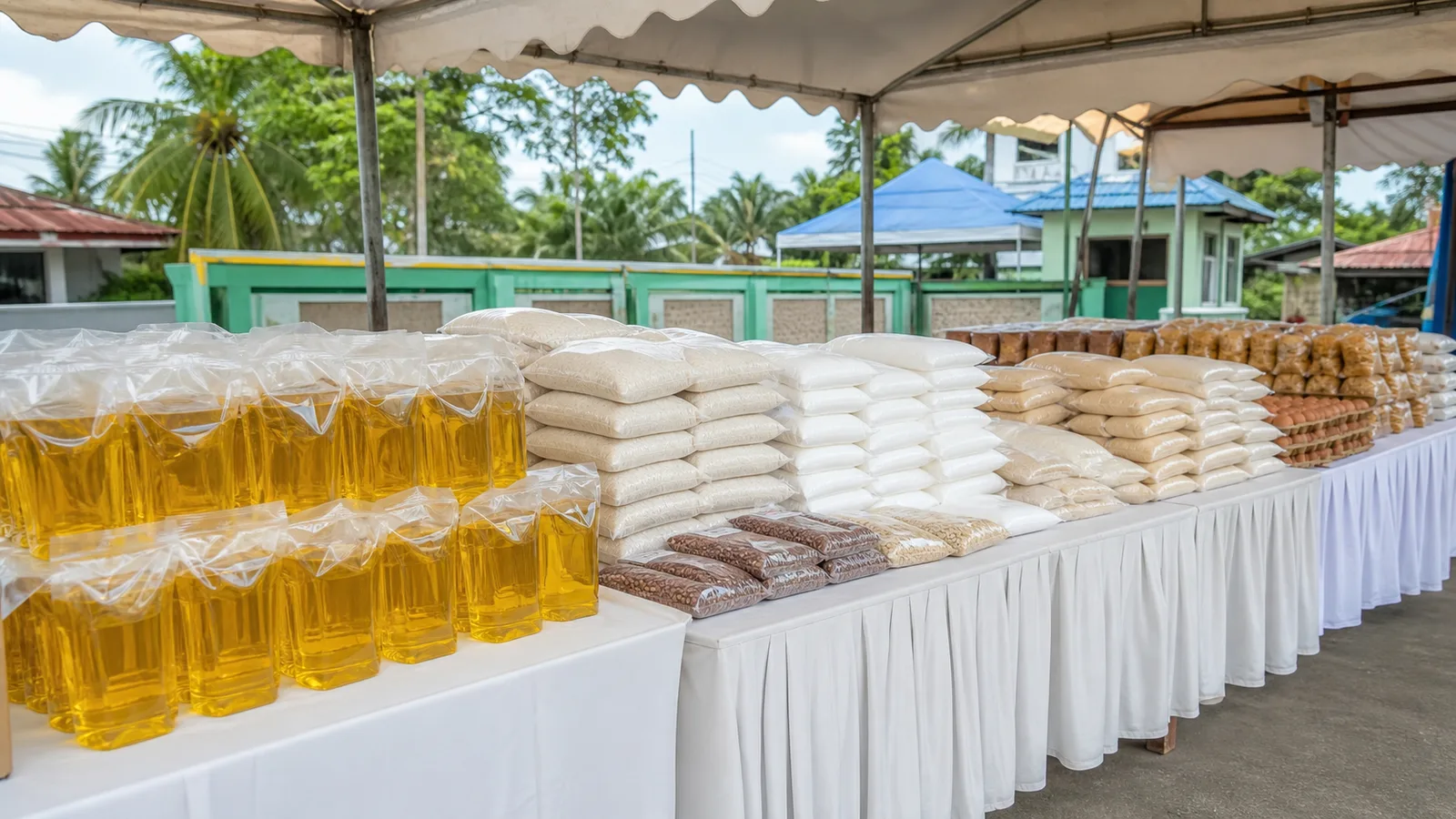 Paket minyak goreng dan bahan pangan tersusun di meja Gerakan Pangan Murah