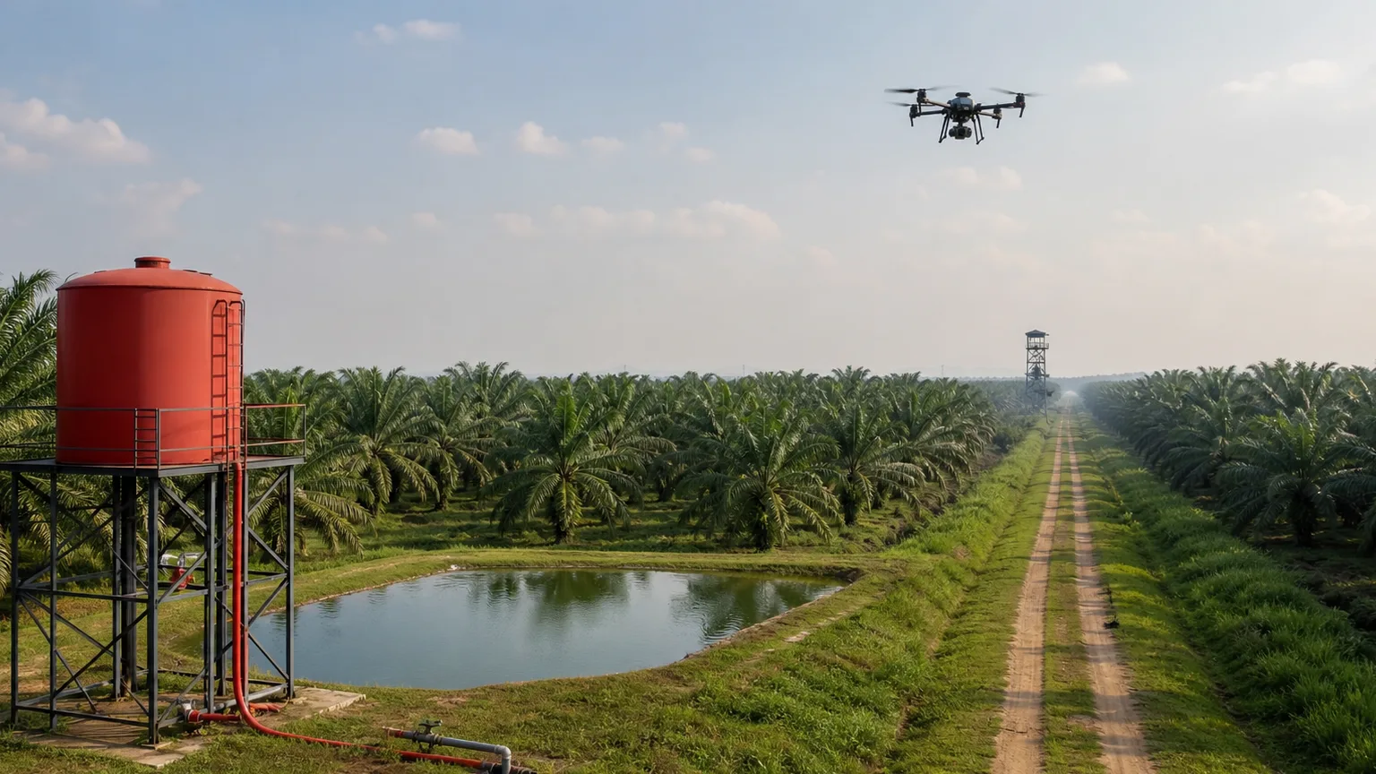 Menara air, embung, drone pemantau, dan menara pengawas di area perkebunan kelapa sawit