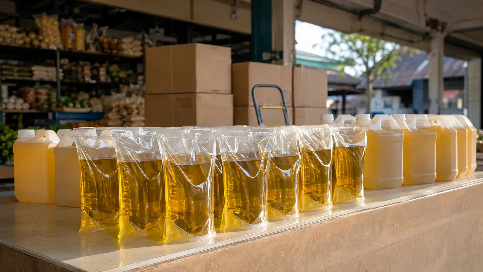Deretan kemasan minyak goreng tanpa merek di meja pasar dengan kardus distribusi