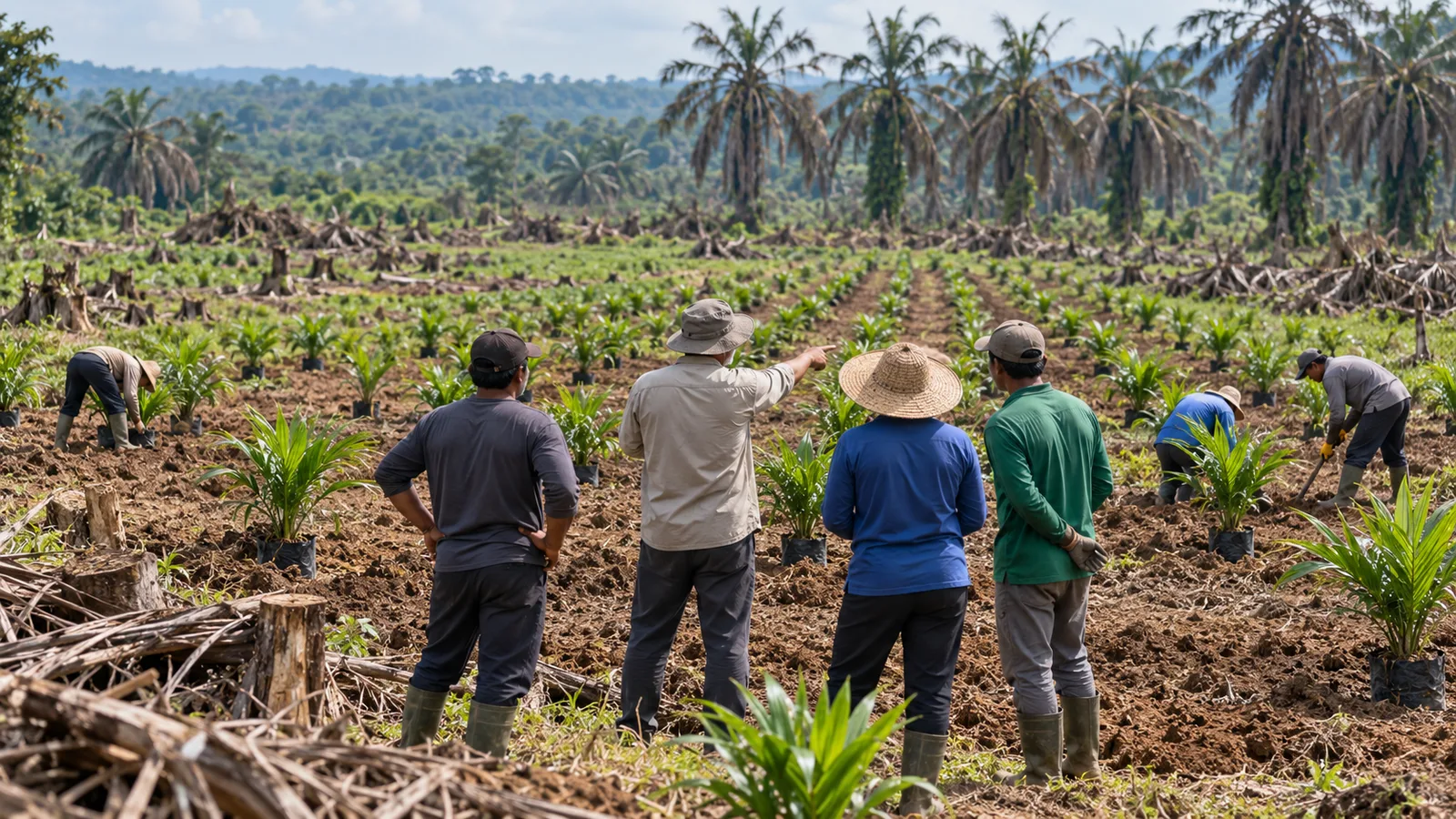 Petani dan pendamping meninjau penanaman bibit dalam program peremajaan kebun sawit rakyat.
