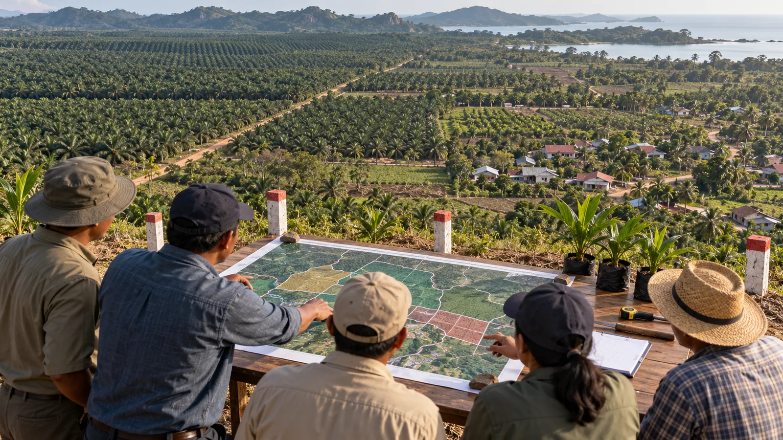 Perwakilan masyarakat meninjau peta bidang di tepi perkebunan sawit dan kawasan delapan desa.