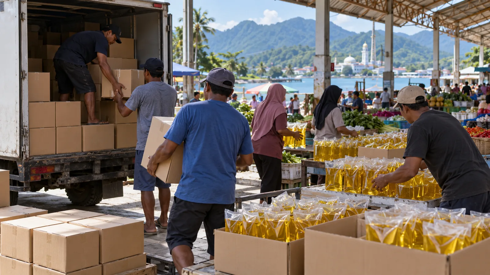 Pekerja menurunkan kemasan minyak goreng polos untuk didistribusikan di pasar tropis.