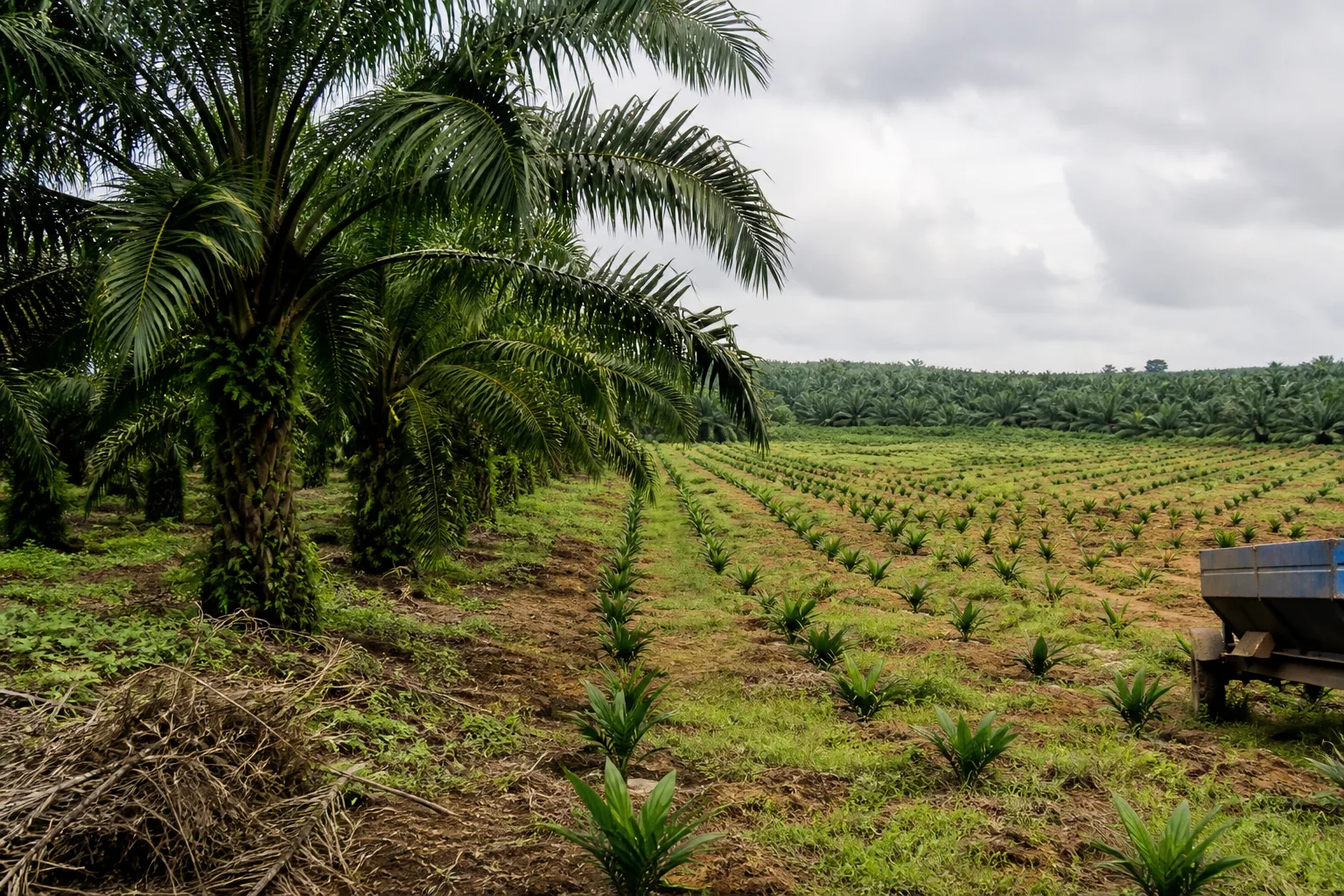Barisan bibit kelapa sawit muda di samping kebun sawit matang dalam program peremajaan