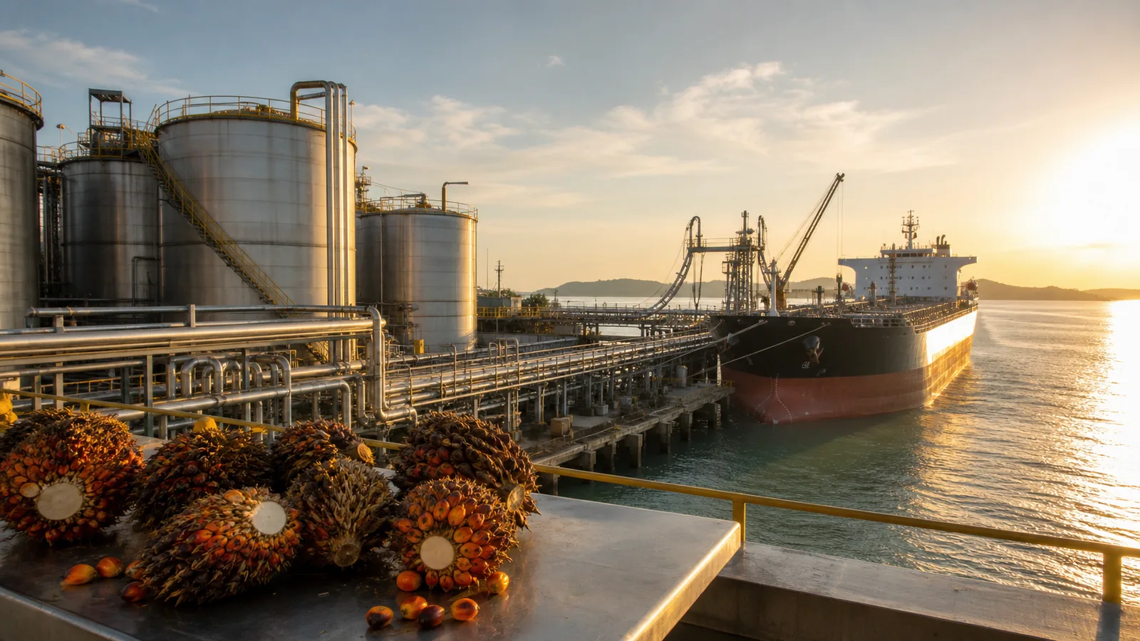 Fasilitas penyimpanan CPO dan kapal tanker di terminal ekspor minyak sawit