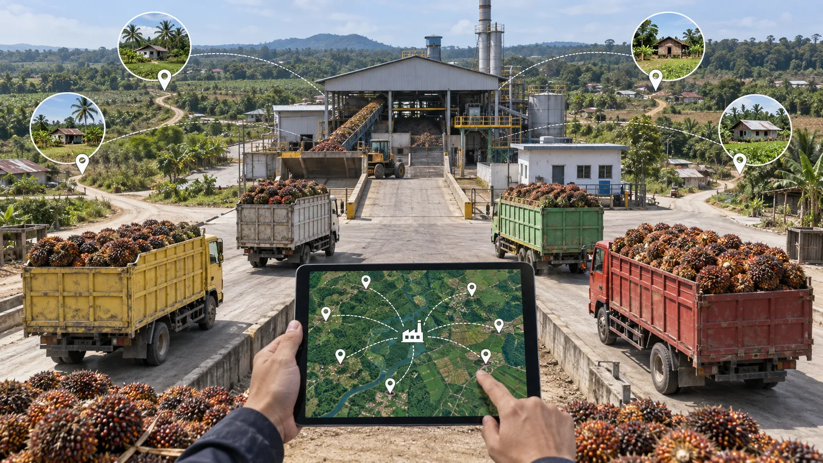 Pabrik kelapa sawit independen menerima TBS dari beberapa jalur pemasok yang dipetakan secara digital.