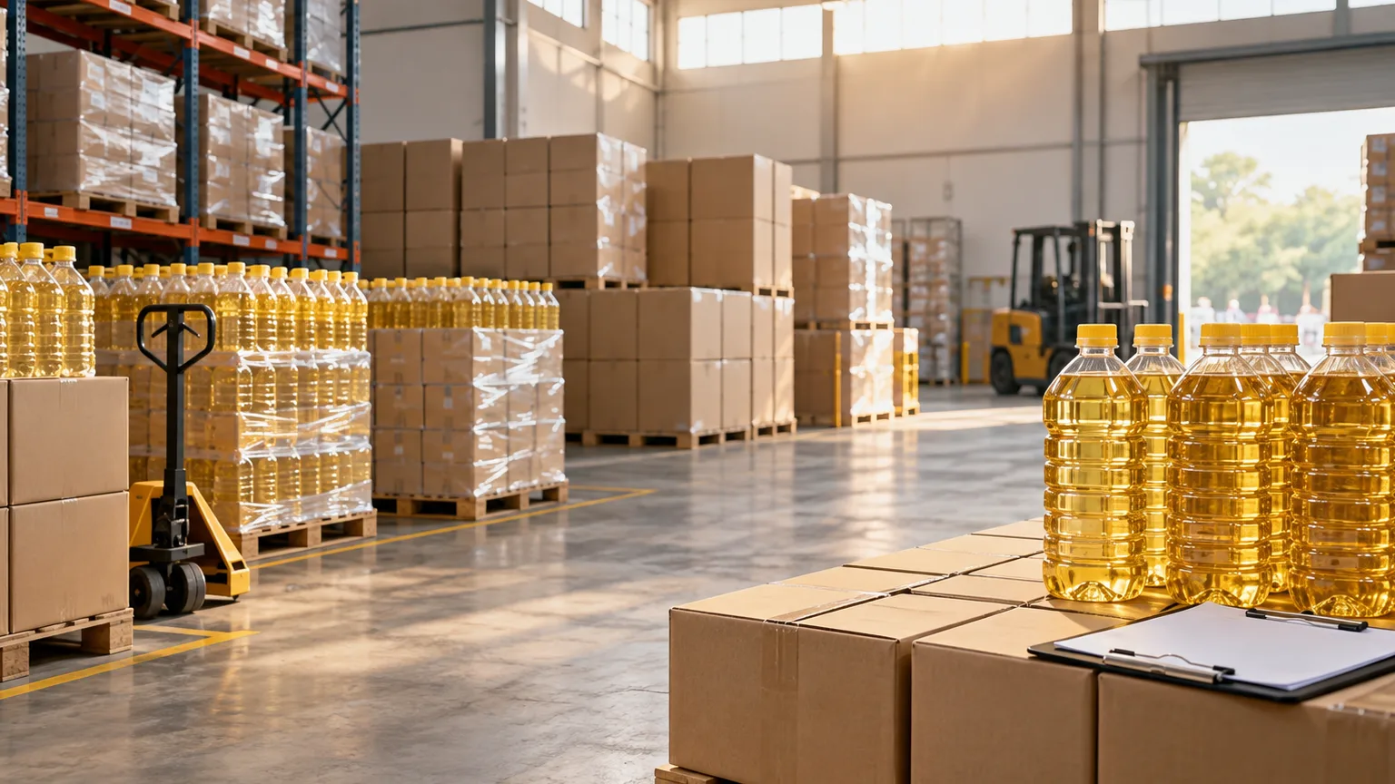 Botol minyak goreng tanpa merek dan kardus tersusun di pusat distribusi pangan