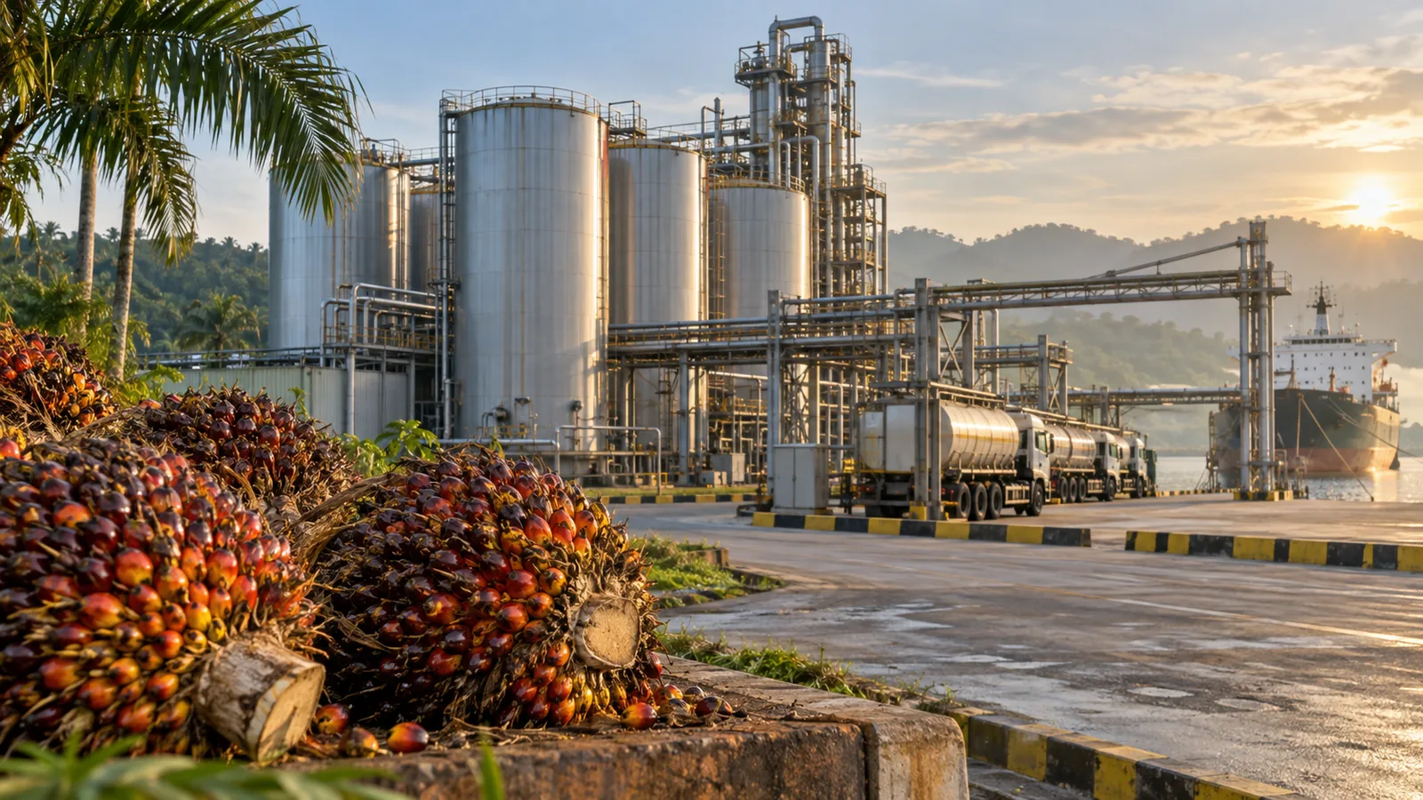 Tandan buah sawit di depan fasilitas pengolahan dan logistik minyak sawit