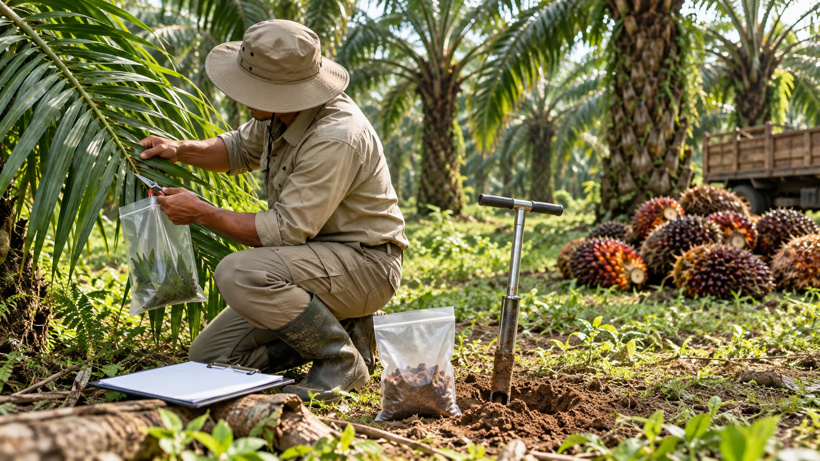 Agronom mengambil sampel daun dan tanah untuk menyusun rekomendasi pemupukan kebun sawit.