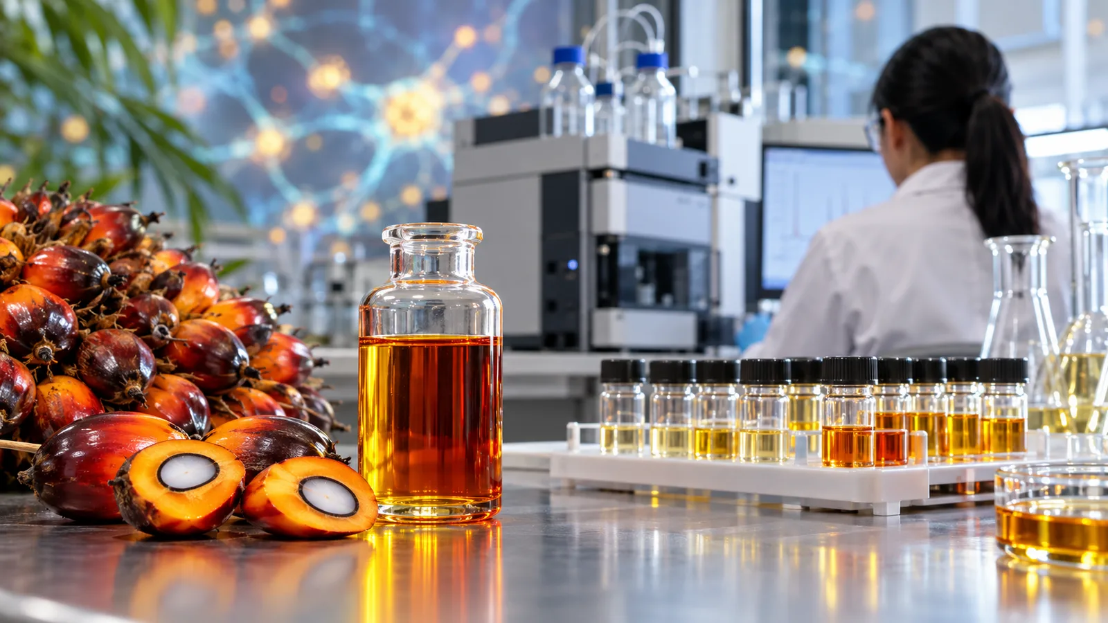 Sampel minyak sawit dan vial laboratorium untuk penelitian tocotrienol.