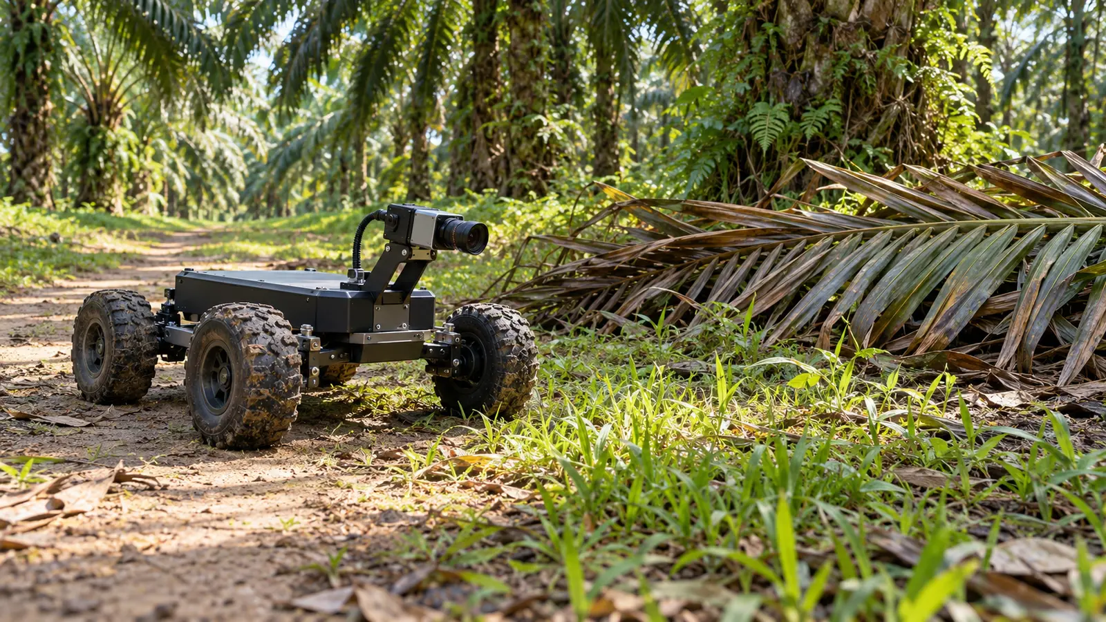 Rover beroda empat dengan kamera mendekati pelepah sawit yang jatuh di jalur kebun.
