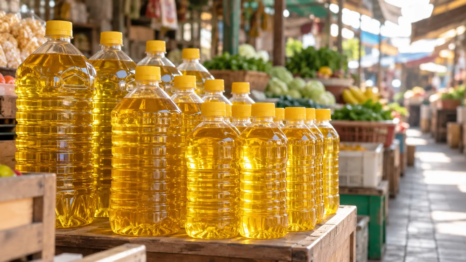 Botol-botol minyak goreng tanpa label tersusun pada lapak pasar tradisional.
