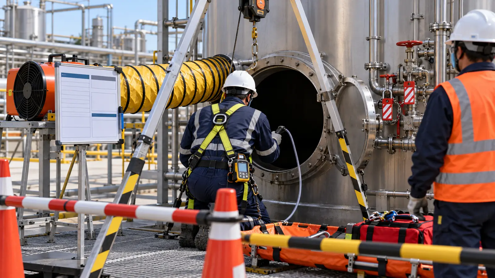 Persiapan aman pekerjaan ruang terbatas pada tangki proses dengan uji gas, ventilasi, isolasi energi, tripod, dan petugas siaga