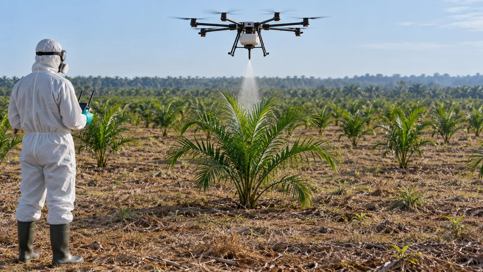 Drone menyemprot tepat sasaran pada pucuk sawit muda sementara operator berpelindung memantau dari jarak aman.