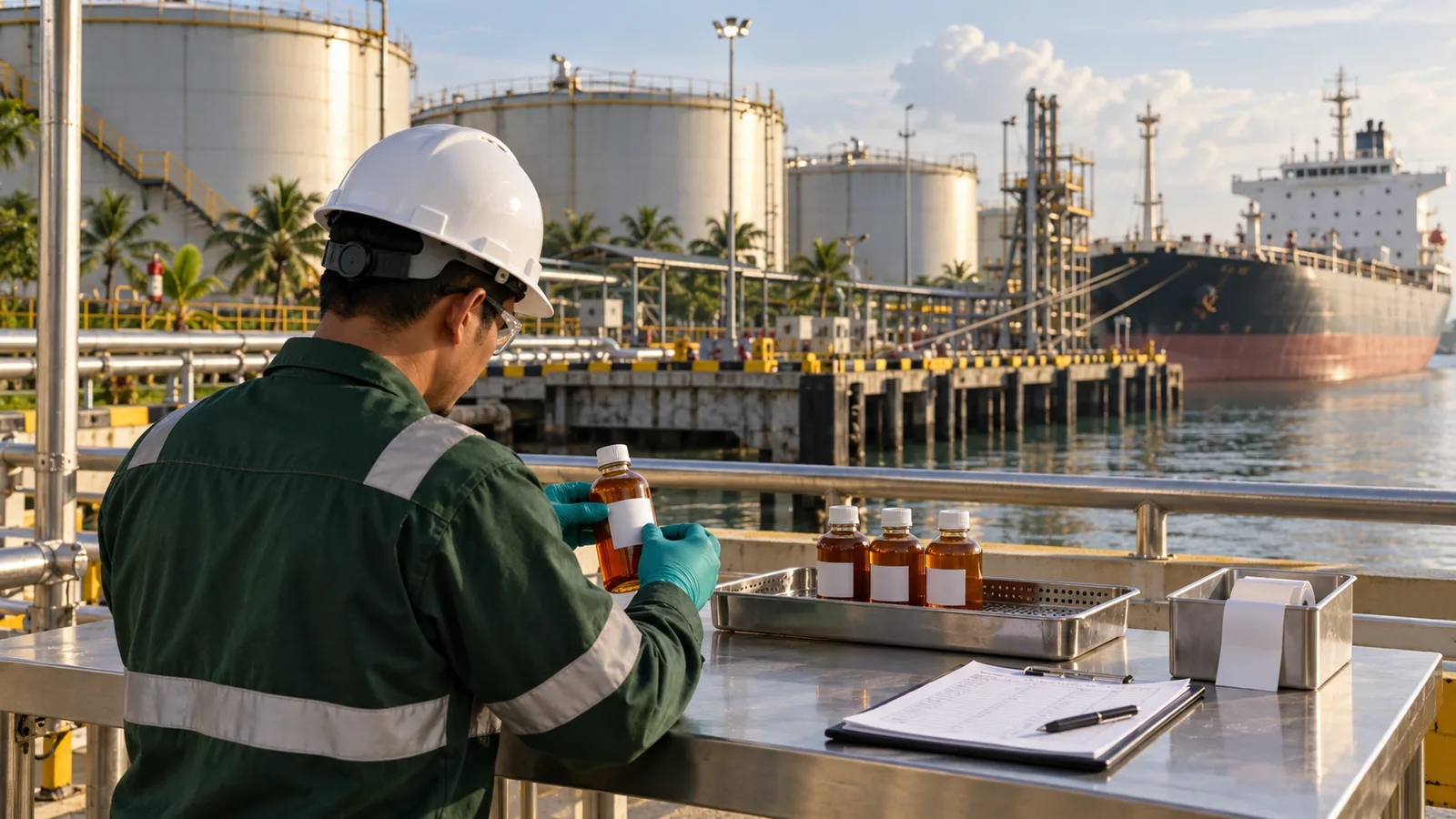 Surveyor memeriksa botol sampel minyak sawit di terminal tangki timbun dengan kapal tanker di kejauhan.