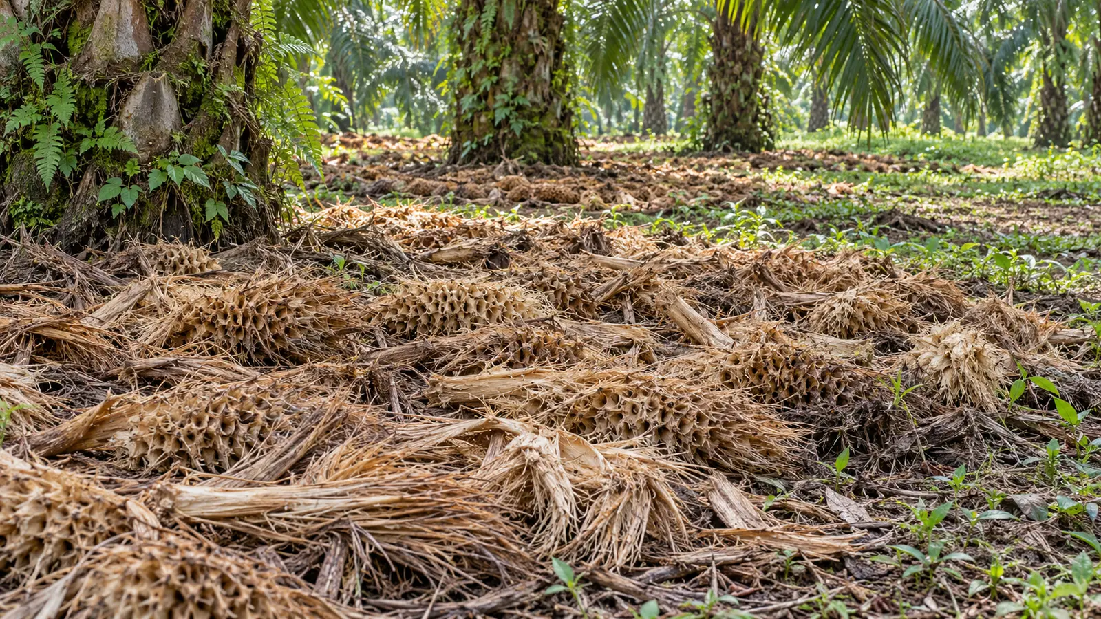 Tandan kosong kelapa sawit dihamparkan sebagai mulsa di gawangan kebun sawit menghasilkan