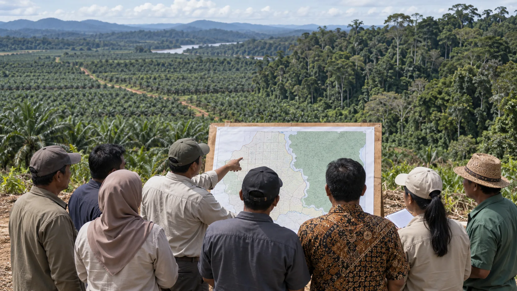 Tim meninjau peta pengelolaan lahan di antara kebun sawit dan kawasan berhutan di Kalimantan Timur.